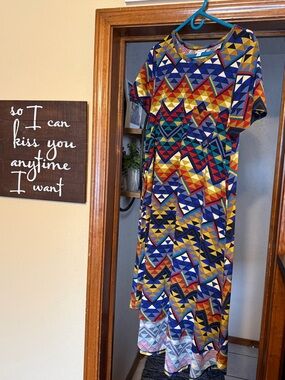 LuLaRoe Multicolor Geometric Maxi Dress in Blue, Yellow, Red, Green